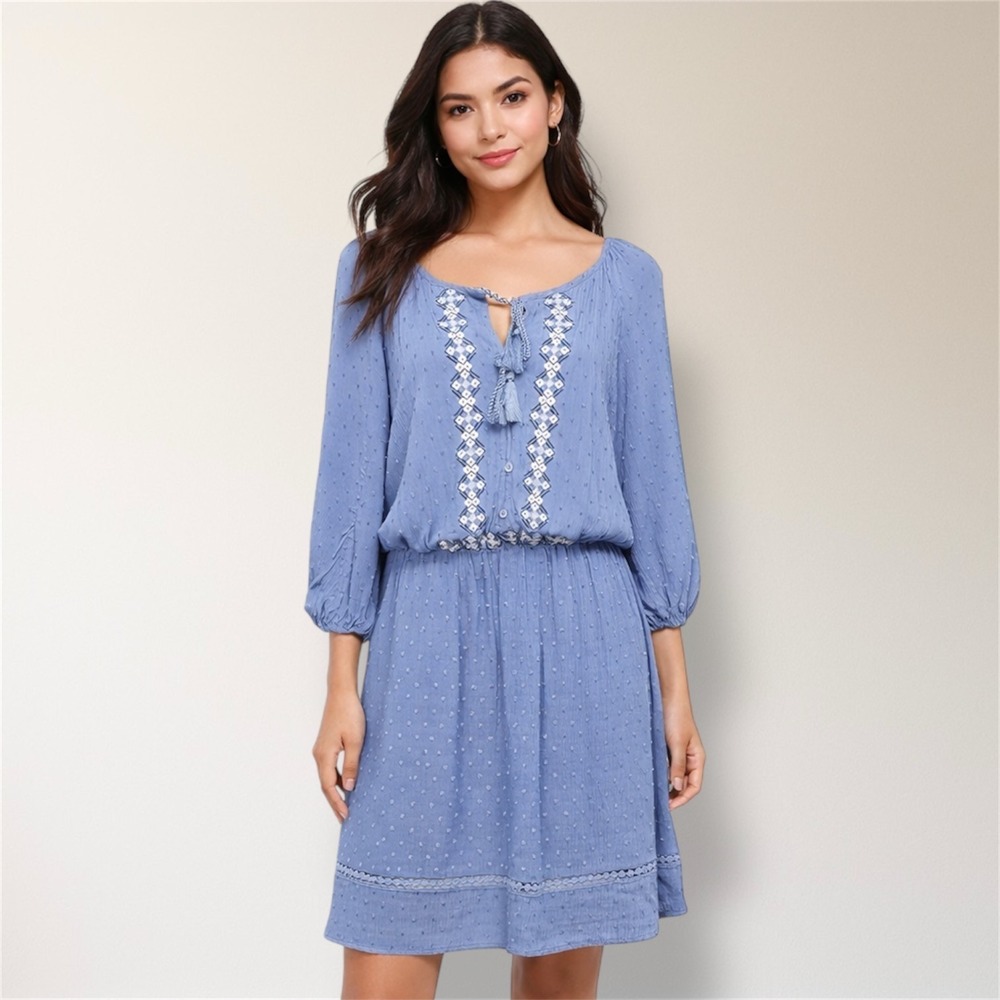 Lucky Brand Blue Embroidered Mini Dress Boho Peasant Spring Wedding Guest‎
